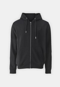 Černá zipová mikina z měkké tkaniny. Obsahuje kapuci se šňůrkou, klokankové kapsy, žebrované manžety a decentní logo na hrudi.