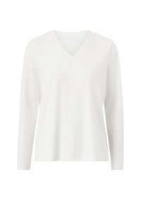 Witte lange mouw V-hals t-shirt gemaakt van zachte stof, met een eenvoudig ontwerp zonder patronen of versieringen, standaard pasvorm.