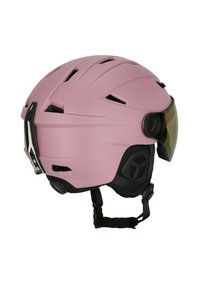 Rosa Skihelm mit matter Oberfläche, aerodynamischer Form, verstellbarem Visier, schwarzen Akzenten und Belüftungsöffnungen für Luftzirkulation.
