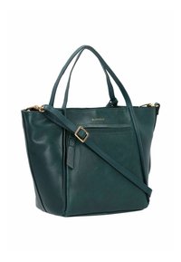 Borsa a mano in pelle verde scuro con due manici superiori, tracolla regolabile e dettagli in metallo dorato. Presenta una tasca anteriore con zip.
