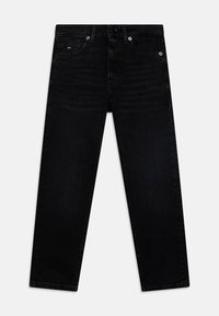 Jeans in denim neri con taglio dritto, dotati di chiusura con bottone e cerniera, cinque tasche e leggera scoloritura sul tessuto.