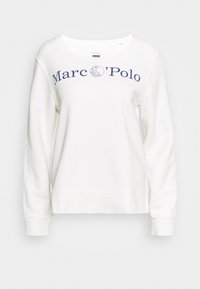 Bílá mikina s dlouhými rukávy, žebrovanými manžetami a kulatým výstřihem. Na přední straně je nápis "Marc'O'Polo" v tmavě modré barvě.