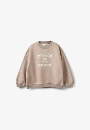 Sweat-shirt beige col rond avec poignets et ourlet côtelés, avec le texte "Copenhague 2001 avec de bon karma" en lettres blanches sur le devant.