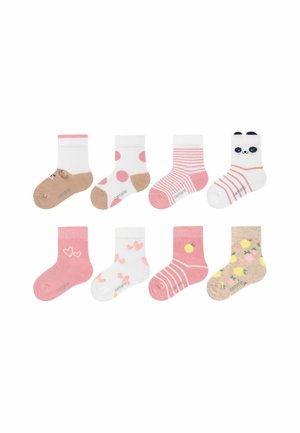 Acht paar kleurrijke babysokjes met ontwerpen zoals dierengezichten, polkadots, harten, strepen, fruit en bloemenpatronen.
