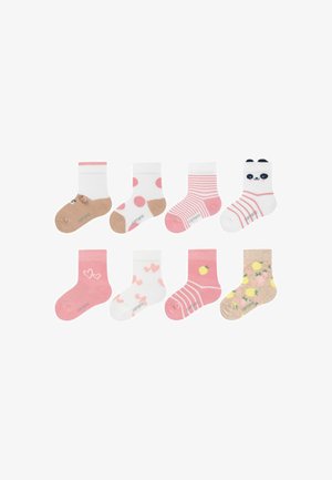 Otto paia di calzini colorati per neonati con disegni che includono volti di animali, pois, cuori, righe, frutta e motivi floreali.
