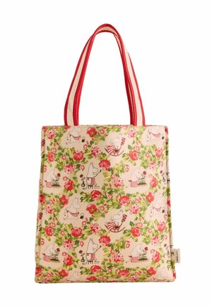 Tote bag with a floral pattern in pink and green, featuring cartoon characters. Made of fabric with red handles and a structured shape.