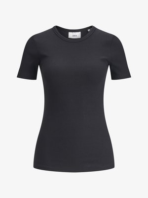 Svart ribbet kortermet t-skjorte med rund hals. Laget av et mykt, stretchy stoff, med subtil tekstur og en tettsittende silhuett.