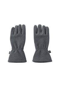 Szare rękawice polarowe z dopasowanym krojem, elastycznym nadgarstkiem oraz pięciopalczastym wzorem; miękka tekstura o gładkim, matowym wykończeniu.