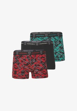 Három pár boxeralsó, egy piros terepmintás, egy egyszínű fekete, és egy türkiz mintás, amelyen koponya logó található a derékrésznél.