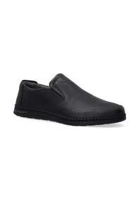 Schwarze Slipper aus strukturierter Leder mit glatter Oberfläche, runder Zehenpartie und verstärkten Nähten entlang der Sohle.