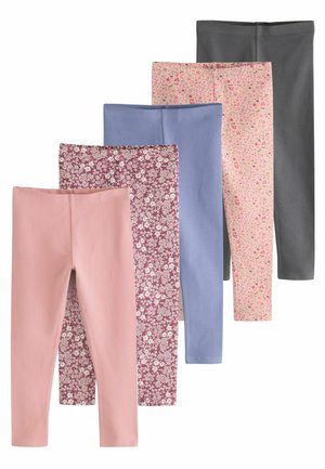 Fem par leggings: rosa enfärgad, burgundy blommig, ljusblå enfärgad, rosa blommig och mörkgrå enfärgad. Alla elastiska med en slät yta.