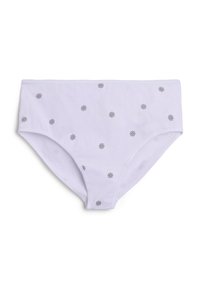 Lavender cotton hipster briefs with scattered small flower embroidery and a soft texture. Features elastic waistband and stitched edges.