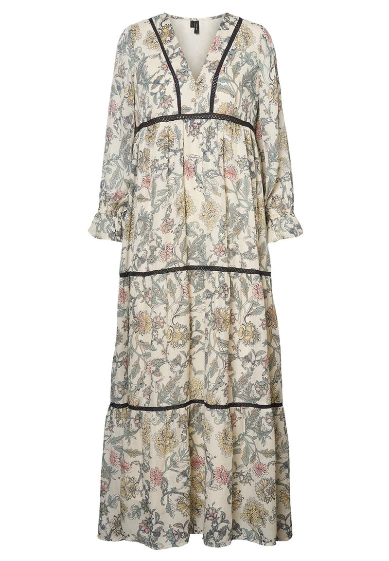 Robe longue fleurie avec col en V, manches longues, poignets à volants et bordure noire sur la poitrine et les volants de la jupe en tissu crème.