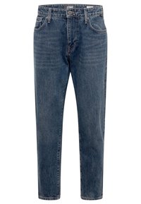 Jean droit en denim bleu avec un design classique à cinq poches, fermeture par boutons et passants pour ceinture.