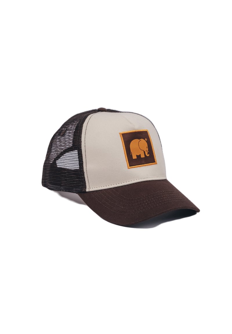 Beige and brown cap with mesh back, featuring a square patch with an orange elephant logo on the front. Curved brim design.