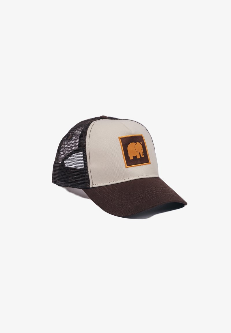 Beige and brown cap with mesh back, featuring a square patch with an orange elephant logo on the front. Curved brim design.