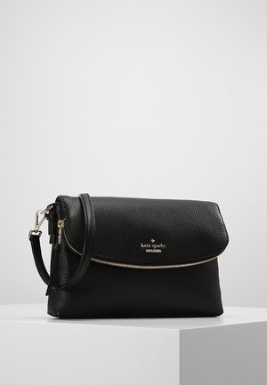 Black leather Kate Spade crossbody bag with gold zipper and adjustable strap displayed on white surface against light background.