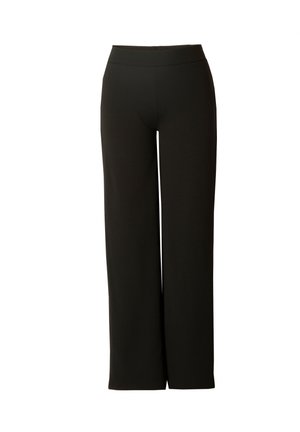 Zwarte wijde broek met een elastische tailleband, gemaakt van een zachte, rekbare stof. Geen zichtbare sluitingen of zakken.