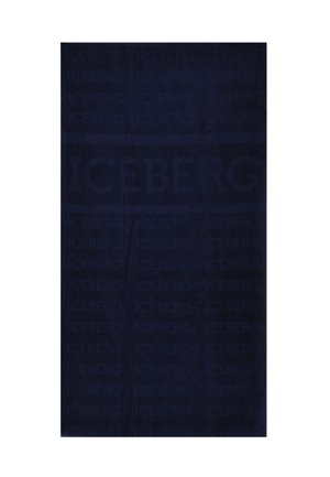 Asciugamano blu scuro con motivo di testo ripetuto "ICEBERG" e una grande fascia con logo "ICEBERG" al centro.