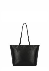 Borsa tote in pelle nera con due manici lunghi, un ampio spazio aperto e una texture liscia. Presenta un logo discreto sul davanti.