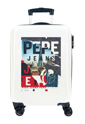 Maleta rígida blanca con asa retráctil, ruedas negras y gráfico estilo rasgado de un paisaje urbano y texto "Pepe Jeans" en el frente.