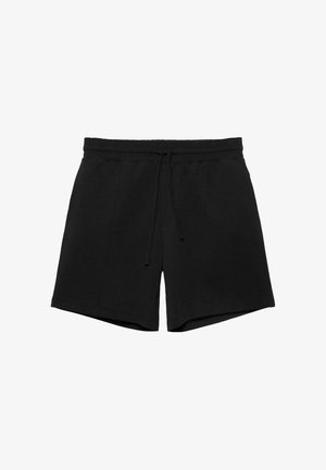 Fekete, alkalmi rövidnadrág elasztikus derékpánttal és elöl húzózsinórral, kényelmes viseletre tervezve.