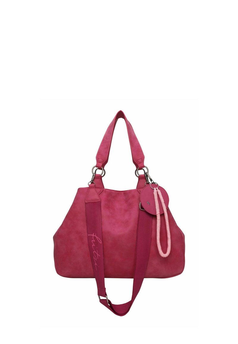 Grand sac à main rose avec deux bretelles d'épaule, une bandoulière amovible, et un porte-clés rond rose avec un cordon enroulé attaché.
