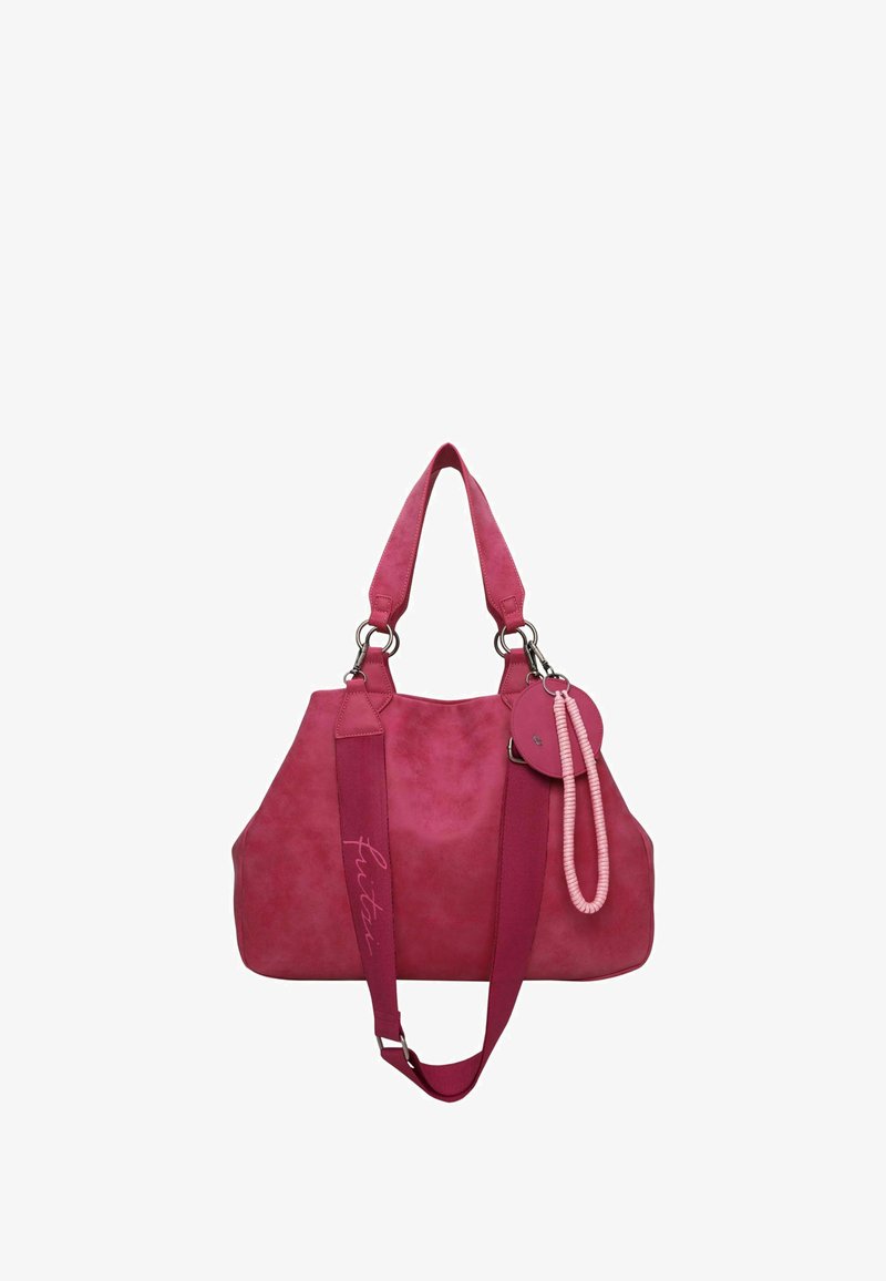 Grand sac à main rose avec deux bretelles d'épaule, une bandoulière amovible, et un porte-clés rond rose avec un cordon enroulé attaché.