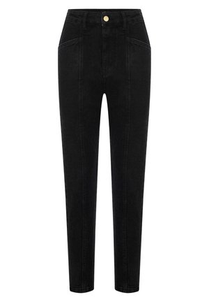 Jeans neri a vita alta realizzati in denim. Presentano una chiusura con zip, tasche frontali e un singolo bottone dorato come dettaglio. Design a gamba dritta.