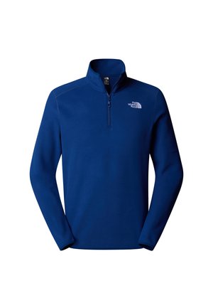 Navy blue fleece pullover with a quarter-zip front, stand-up collar, and embroidered logo. Soft texture and long sleeves.