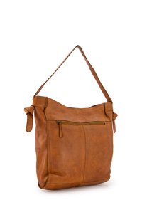 Tasche aus braunem Leder mit einem verstellbaren Tragegurt, einem mit Reißverschluss versehenen Fronttasche und glatter Textur. Verfügt über ein lässiges Design und minimales Zubehör.