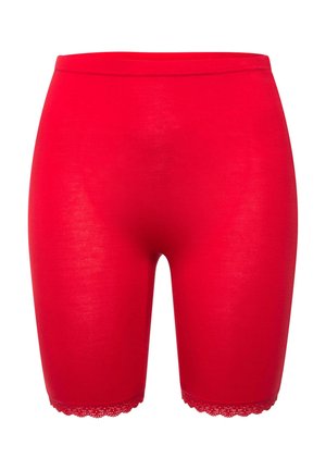 Shorts rossi elasticizzati con una texture liscia e un bordo in pizzo sull'orlo, progettati per comfort e copertura.