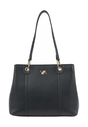 Czarna skórzana torba typu tote z podwójnymi paskami, złotymi okuciami i małym złotym logo na środku przodu.