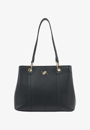 Czarna skórzana torba typu tote z podwójnymi paskami, złotymi okuciami i małym złotym logo na środku przodu.