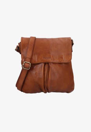 Brown leather crossbody bag with adjustable strap, flap closure, and subtle embossed logo centered on the front flap.