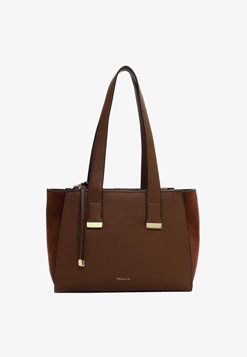 Brun læderhandtaske med glatte og teksturerede paneler, dobbelt skulderremme og hardware-accenter i guld-tone. Lynlåslukning øverst.