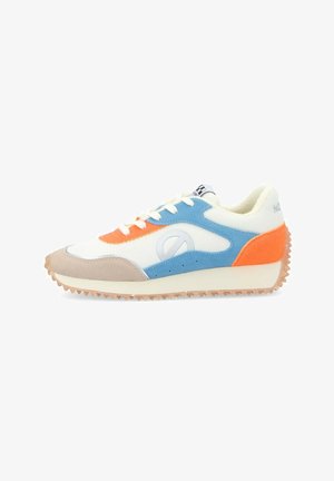 Sneaker with a white mesh upper, blue and orange suede accents, beige suede toe, and a textured gum sole. Features lace closure and logo detail.