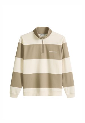 Beige en crèmekleurige horizontale gestreepte pullover met lange mouwen, een kwartrits en het logo "Marc O'Polo Denim" op de borst.