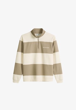 Beige en crèmekleurige horizontale gestreepte pullover met lange mouwen, een kwartrits en het logo "Marc O'Polo Denim" op de borst.