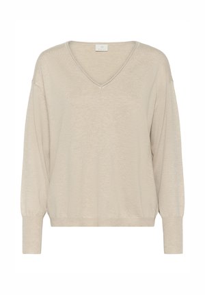 Pulover tricotat bej cu mâneci lungi, decolteu în V și manșete cu dungi, afișat pe un fundal alb simplu.