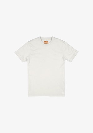 Plain white short-sleeve crew neck T-shirt with subtle logo on chest and small brand tag near hem, displayed flat on white background.