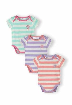 Trzy krótkie body dla niemowląt z krótkim rękawem w poziome paski w kolorze mięty, lawendy i brzoskwini, każde z małym haftowanym wzorem na klatce piersiowej.