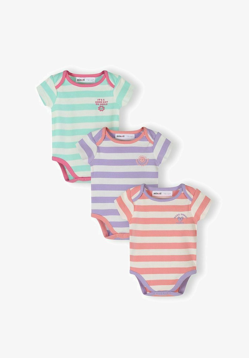 Trois bodies pour bébé à manches courtes avec des rayures horizontales en vert menthe, lavande et pêche, chacun avec un petit motif brodé sur la poitrine.