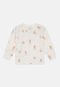 Hvit langermet baby topp laget av mykt stoff, med et lekent sirkusdyrmotiv som har klovner og telt, med trykknapper på siden.