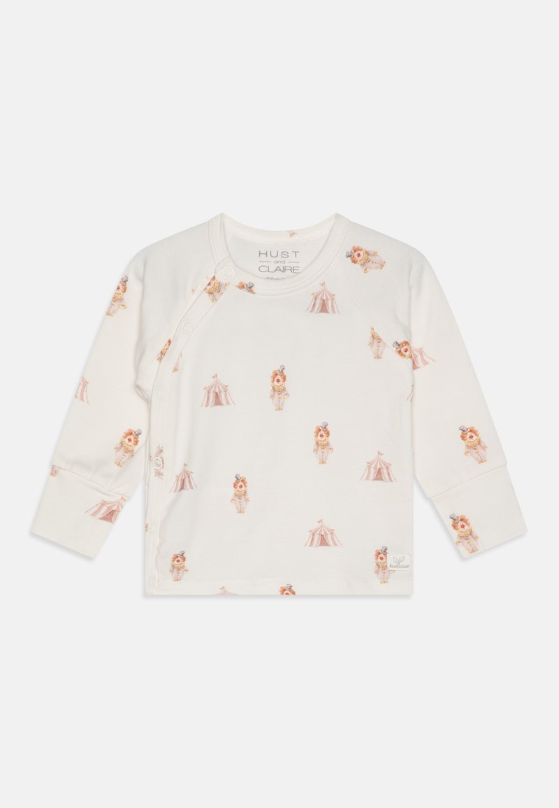 Camisola de bebé de manga longa branca, feita de tecido macio, com uma estampagem divertida de animais de circo, incluindo palhaços e tendas, fechos de botões de pressão na lateral.