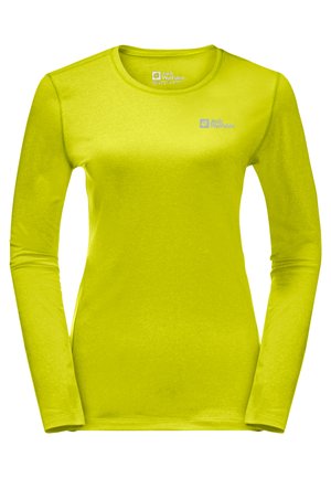 Camicia a maniche lunghe in tessuto giallo brillante, con collo arrotondato, texture morbida e un piccolo logo sull'area del petto.