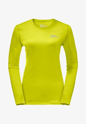 Langarm shirt van heldergele stof, met een ronde hals, een gladde textuur en een klein logo op de borst.