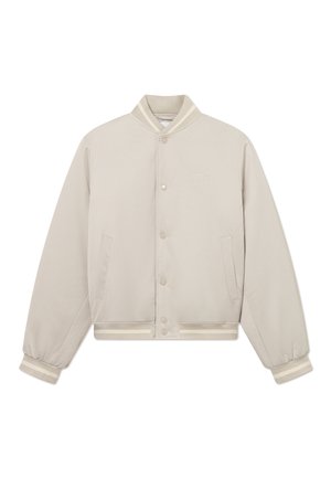 Light beige bomber jacket with a snap button closure, contrasting striped ribbed collar and cuffs, and two side pockets. Smooth texture.