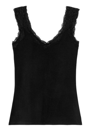 Débardeur noir en tissu doux, doté d'une fine dentelle noire le long du décolleté en V et de larges bretelles.