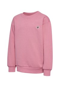 Lichtroze sweatshirt van gestructureerde stof met een ronde halslijn, ribgebreide manchetten en een zoom. Heeft een klein embleem op de borst.